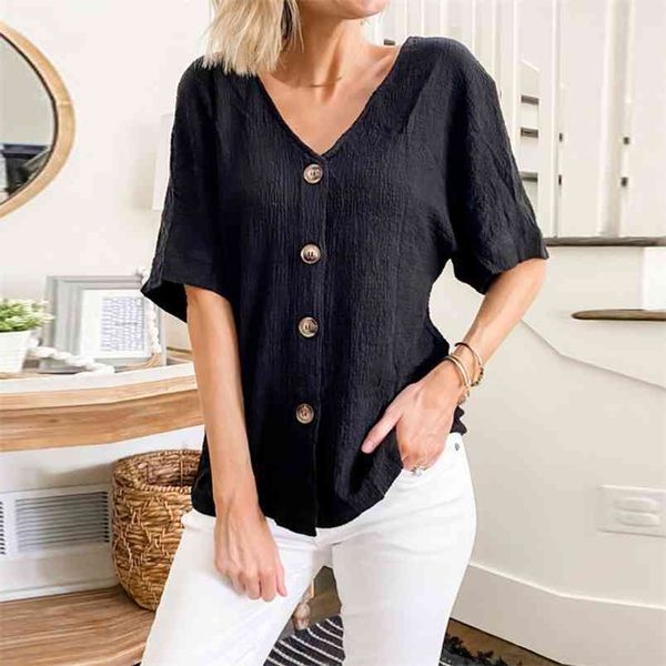 women summer t-shirts fashion single-breasted design v neck half sleeve solid color casual loose streetwear cardigan ladies 210522, White
women summer t-shirts fashion single-breasted design v neck half sleeve solid color casual loose streetwear cardigan ladies 210522, White