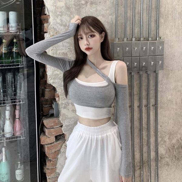 women's t-shirt women hollowed shoulder long sleeves crop contrast color soft elastic knit fashion, White
women's t-shirt women hollowed shoulder long sleeves crop contrast color soft elastic knit fashion, White
