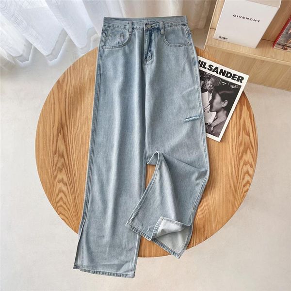 women's jeans spring summer street fashion high-waisted solid color wide-leg women, trousers slits are thin straight-leg women, Blue
women's jeans spring summer street fashion high-waisted solid color wide-leg women, trousers slits are thin straight-leg women, Blue