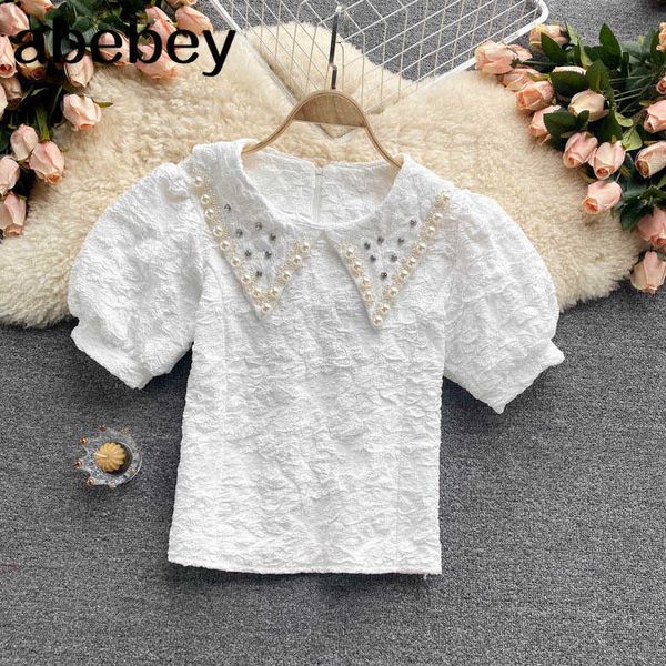 women design korean blouse sweet short sleeve solid casual summer fashion streetwear blouses 210715, White
women design korean blouse sweet short sleeve solid casual summer fashion streetwear blouses 210715, White