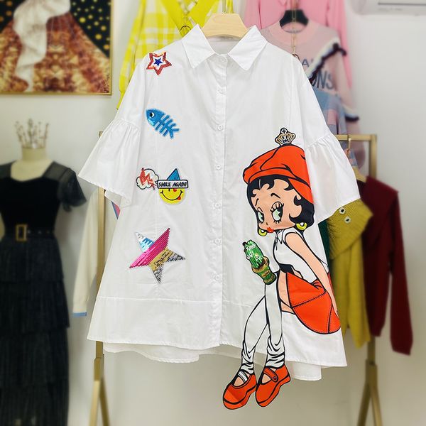 plus size shirt womens spring and summer cartoon printed mid-length blusas loose slimming short sleeve polo collar blouse, White
plus size shirt womens spring and summer cartoon printed mid-length blusas loose slimming short sleeve polo collar blouse, White