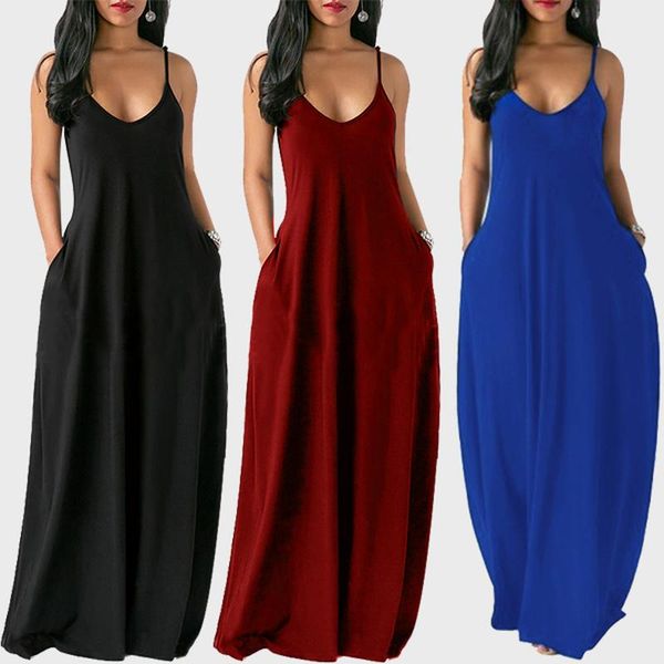 casual dresses 2021 women solid color summer sleeveless pockets spaghetti straps maxi dress lady plus size beach, Black;gray 
casual dresses 2021 women solid color summer sleeveless pockets spaghetti straps maxi dress lady plus size beach, Black;gray