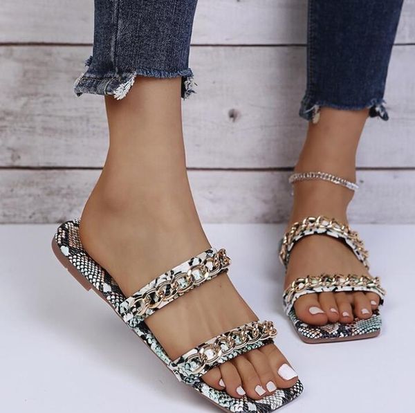 2021 fashion simple women's slippers summer trendy metal chain buckle snake print sandals, Black
2021 fashion simple women's slippers summer trendy metal chain buckle snake print sandals, Black