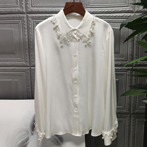 spring new white shirt full fashion bead solid turn-down collar office lady womens 210421
spring new white shirt full fashion bead solid turn-down collar office lady womens 210421