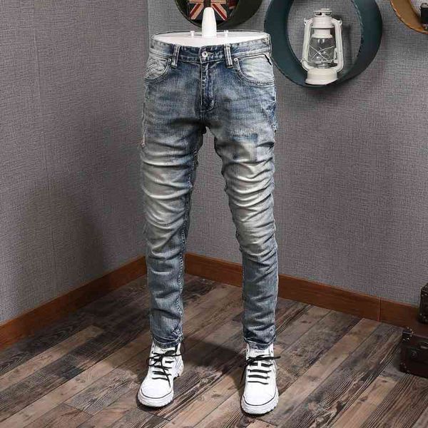 men's jeans italian style fashion men retro wash slim ripped denim pants streetwear vintage designer hip hop trousers, Blue
men's jeans italian style fashion men retro wash slim ripped denim pants streetwear vintage designer hip hop trousers, Blue