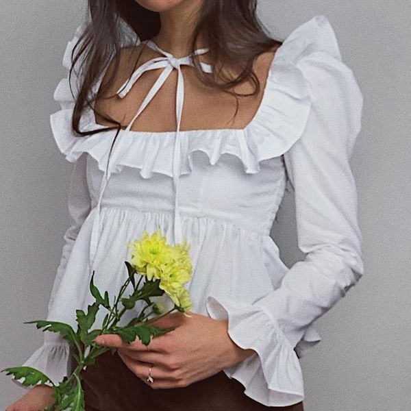 women's t-shirt casual fashion solid autumn 2021 square collar flare sleeve backless belt ruffles female streetwears, White
women's t-shirt casual fashion solid autumn 2021 square collar flare sleeve backless belt ruffles female streetwears, White