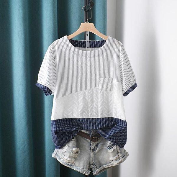 women's blouses & shirts summer fresh stripe round collar short sleeve shirt cotton and linen female, White
women's blouses & shirts summer fresh stripe round collar short sleeve shirt cotton and linen female, White