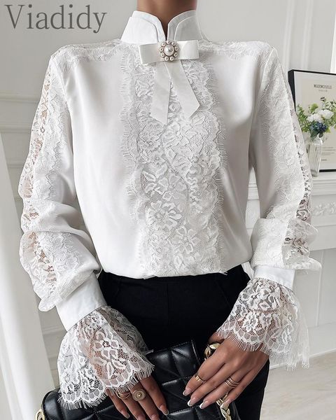 women's blouses & shirts women elegant eyelash lace flare sleeve blouse with beaded bowknot, White
women's blouses & shirts women elegant eyelash lace flare sleeve blouse with beaded bowknot, White