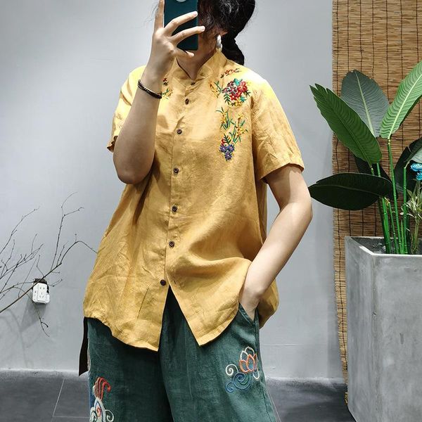 women's blouses & shirts qpfjqd ladies embroidered linen stand collar chinese style short sleeve women flax vintage and 2021 summer, White
women's blouses & shirts qpfjqd ladies embroidered linen stand collar chinese style short sleeve women flax vintage and 2021 summer, White