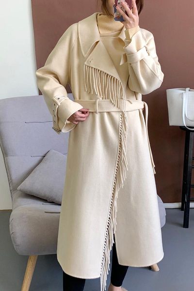 long trench coat women 2021 products in spring fashion pure wool lapel sleeve buttonless cardigan with waistband women's coats, Tan;black
long trench coat women 2021 products in spring fashion pure wool lapel sleeve buttonless cardigan with waistband women's coats, Tan;black