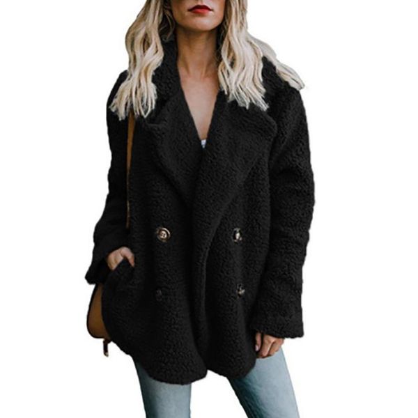 women's fur & faux women turn-down collar pockets coat casual winter button solid color long sleeve plush soft ladies outwear loose fem, Black
women's fur & faux women turn-down collar pockets coat casual winter button solid color long sleeve plush soft ladies outwear loose fem, Black