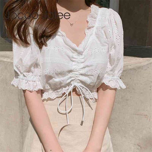 women elegant lace blouse korean chic ruffles embroidery hollow out cropped casual white drawstring shirt 210416
women elegant lace blouse korean chic ruffles embroidery hollow out cropped casual white drawstring shirt 210416