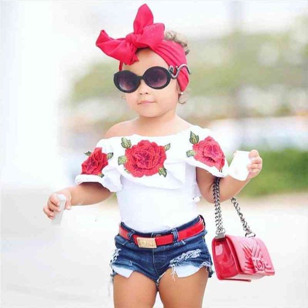 summer baby kids girls clothes 3d flower print ruffle round neck pullover t shirts denim hole pants 2pc cotton set, White
summer baby kids girls clothes 3d flower print ruffle round neck pullover t shirts denim hole pants 2pc cotton set, White