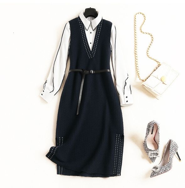 two piece dress spring luxury fashion contrast color long sleeve lapel neck blouse + knitted sleeveless belt sash knee-length dress2 pieces, White
two piece dress spring luxury fashion contrast color long sleeve lapel neck blouse + knitted sleeveless belt sash knee-length dress2 pieces, White