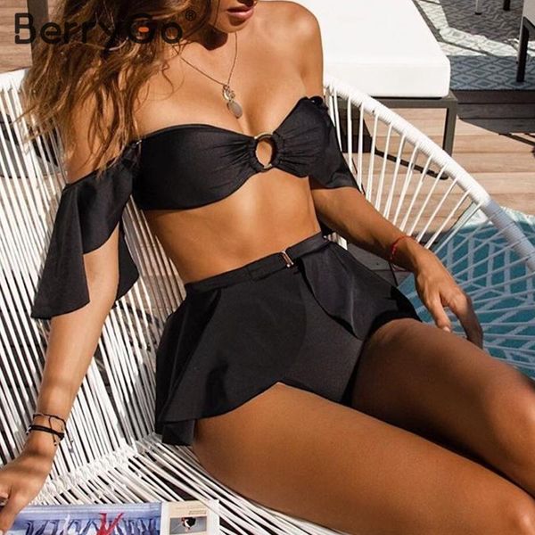 women's swimwear berrygo high waist bikinis mujer off shoulder female push up bathing suit ring swimsuit women ruffle bikini set, White;black
women's swimwear berrygo high waist bikinis mujer off shoulder female push up bathing suit ring swimsuit women ruffle bikini set, White;black