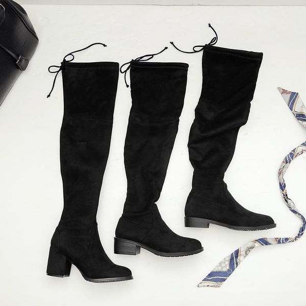 boots winter over the knee plush show thin leg elastic 2021 thick heel middle, Black