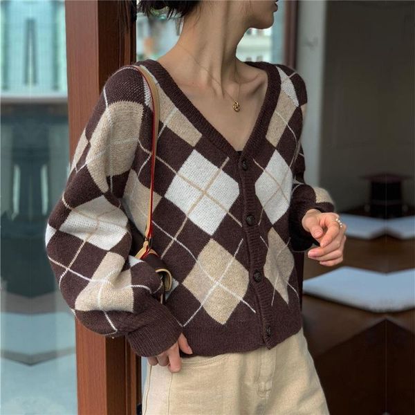 women's knits & tees vintage argyle contrast color knitted cardigan v-neck single breasted women sweater autumn korean chic long sleeve, White
women's knits & tees vintage argyle contrast color knitted cardigan v-neck single breasted women sweater autumn korean chic long sleeve, White