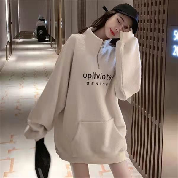 high neck lamb cashmere sweater women's autumn and winter new korean embroidery loose tide ins plush thickened medium long coat, Black
high neck lamb cashmere sweater women's autumn and winter new korean embroidery loose tide ins plush thickened medium long coat, Black
