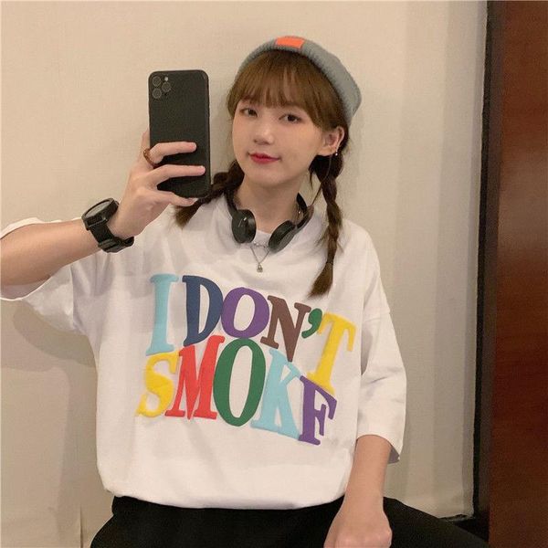 women's t-shirt summer rainbow 3d embossed letter printing round neck cool fried street men's and loose short sleeve top, White
women's t-shirt summer rainbow 3d embossed letter printing round neck cool fried street men's and loose short sleeve top, White
