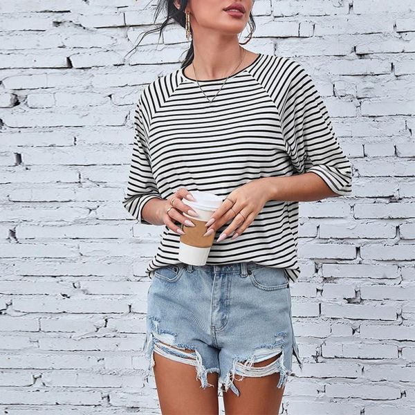 women's t-shirt summer cross-border independent station fashion leisure loose round collar striped female top, White
women's t-shirt summer cross-border independent station fashion leisure loose round collar striped female top, White