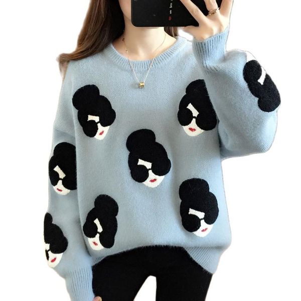 women's sweaters 2021 spring autumn women knitted sweater fashion cartoon girl pattern o-neck loose female pullovers warm office ladies, White;black
women's sweaters 2021 spring autumn women knitted sweater fashion cartoon girl pattern o-neck loose female pullovers warm office ladies, White;black