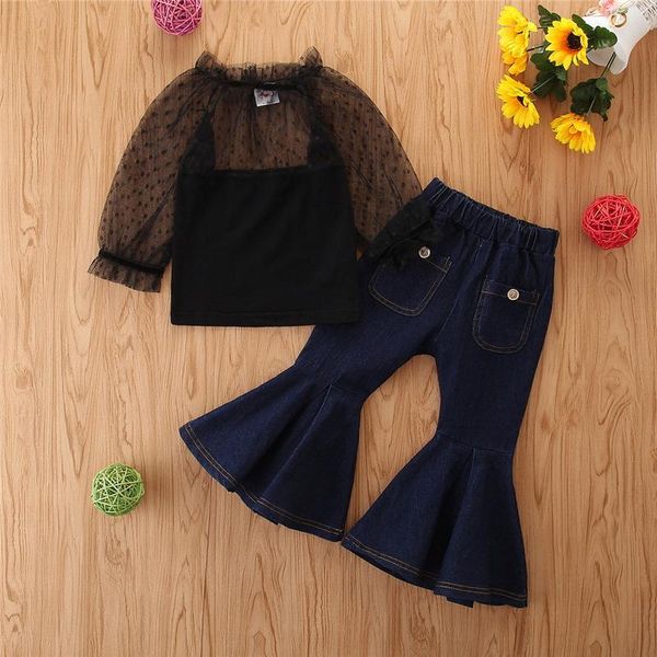 clothing sets children's spring and autumn suit girls thin hollow long-sleeved lace + flared jeans kids fashion two-piece gt37, White 
clothing sets children's spring and autumn suit girls thin hollow long-sleeved lace + flared jeans kids fashion two-piece gt37, White