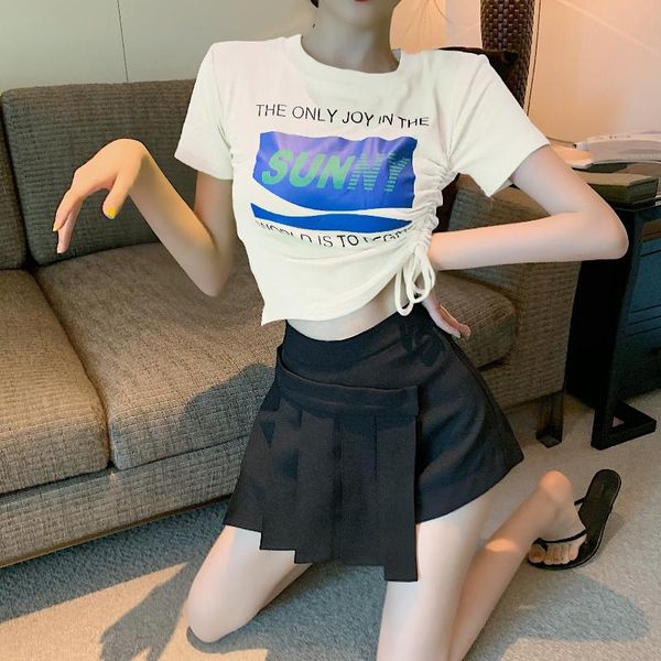 drawstring lace-up crop-shirring short slim t-shirt women's, White
drawstring lace-up crop-shirring short slim t-shirt women's, White