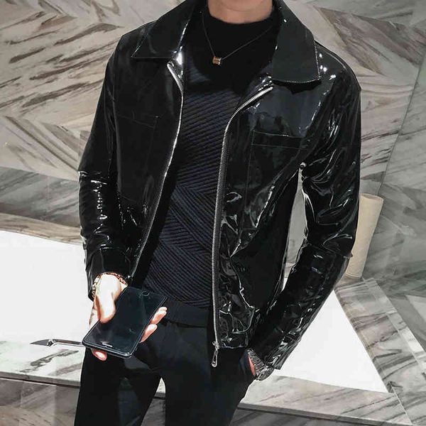 men's leather & faux bright leather jacket, male stage linen slim solid color. cls6, Black
men's leather & faux bright leather jacket, male stage linen slim solid color. cls6, Black