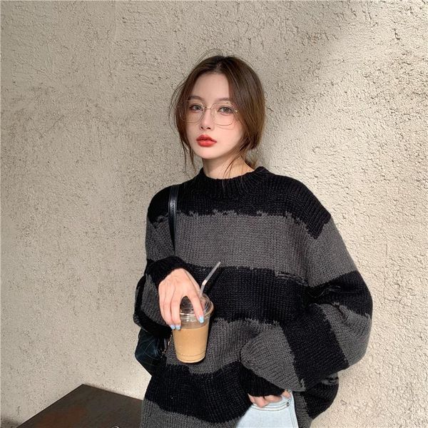 women's sweaters retro fashion women lazy striped design knitted round neck bf 2021 winter korean basic ins casual pullovers, White;black
women's sweaters retro fashion women lazy striped design knitted round neck bf 2021 winter korean basic ins casual pullovers, White;black