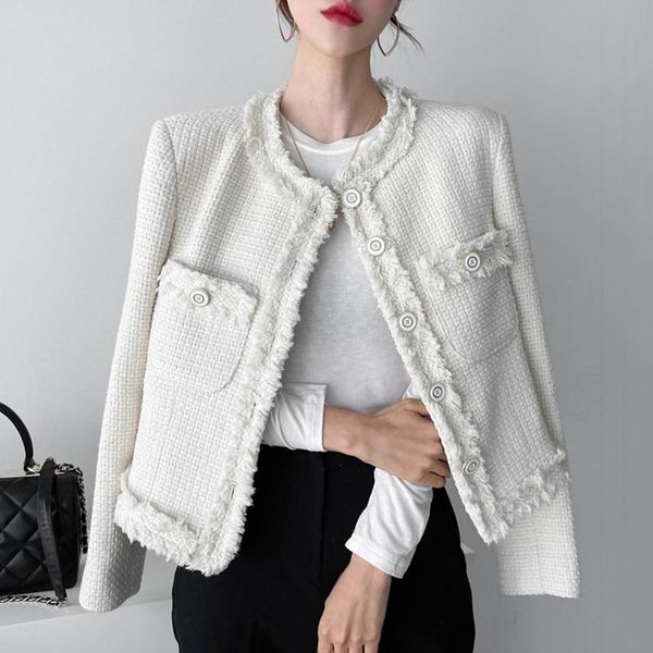 women's jackets 2021 autumn korean fashion elegant round neck fringe stitching chic single-breasted loose pocket woolen tweed jacket wo, Black;brown
women's jackets 2021 autumn korean fashion elegant round neck fringe stitching chic single-breasted loose pocket woolen tweed jacket wo, Black;brown