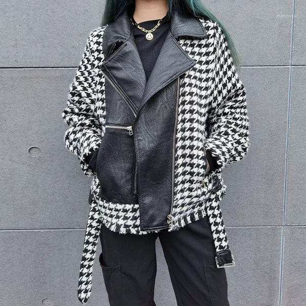 autumn and winter short coat female houndstooth woolen leather jacket motorcycle loose women's wool & blends, Black
autumn and winter short coat female houndstooth woolen leather jacket motorcycle loose women's wool & blends, Black
