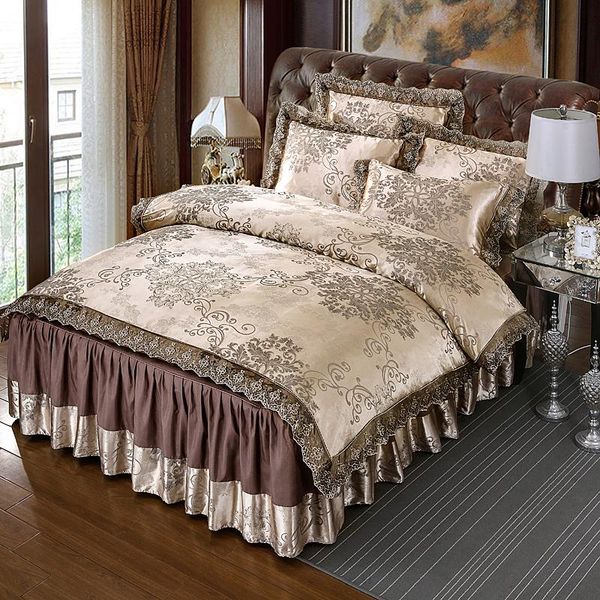 bedding sets coffee satin jacquard luxury lace  king size 4pcs bedspread duvet cover bed skirt set bedclothes pillowcase 
bedding sets coffee satin jacquard luxury lace  king size 4pcs bedspread duvet cover bed skirt set bedclothes pillowcase