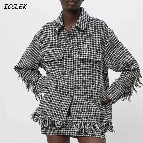 za women shirts oversize houndstooth jacket coats with pocket female vintage plaid spring tassel coat trf mujer 211025, Black;brown
za women shirts oversize houndstooth jacket coats with pocket female vintage plaid spring tassel coat trf mujer 211025, Black;brown