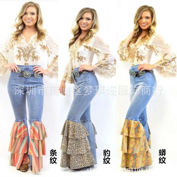 autumn and winter fashion color stripe horn elastic waist denim pants women, Blue 
autumn and winter fashion color stripe horn elastic waist denim pants women, Blue