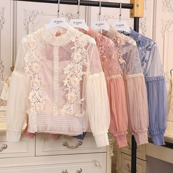 women's blouses & shirts 2021 spring summer lantern sleeve 3d floral blouse see through lace elegant blusas for women, White
women's blouses & shirts 2021 spring summer lantern sleeve 3d floral blouse see through lace elegant blusas for women, White