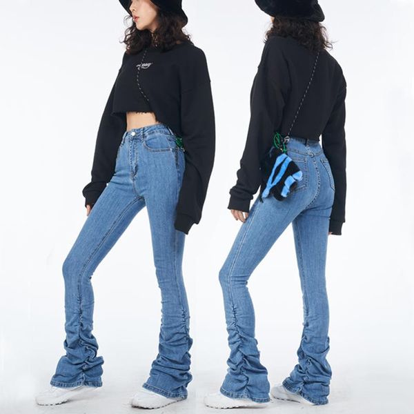women's jeans women high waist ruched hem skinny stacked, Blue