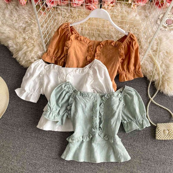 summer solid color slim-fit square-neck shirt for women elegant puff sleeve waist slim ruffled vintage short 210420, White
summer solid color slim-fit square-neck shirt for women elegant puff sleeve waist slim ruffled vintage short 210420, White