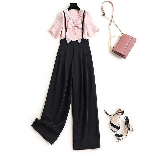 women cute fashion black pants two piece sets spring summer 2021 bow pink short sleeve and overalls casual outfits women's, White
women cute fashion black pants two piece sets spring summer 2021 bow pink short sleeve and overalls casual outfits women's, White