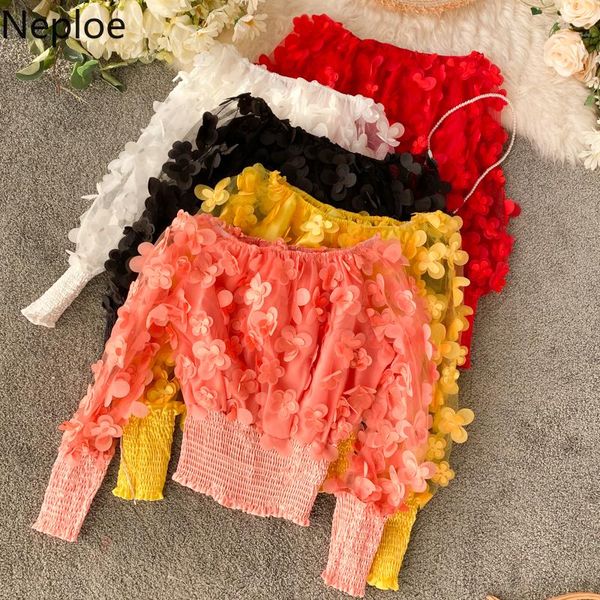 women's blouses & shirts neploe three-dimensional flower blouse women solid puff sleeve elastic waist short shirt chiffon streetwear 80, White
women's blouses & shirts neploe three-dimensional flower blouse women solid puff sleeve elastic waist short shirt chiffon streetwear 80, White
