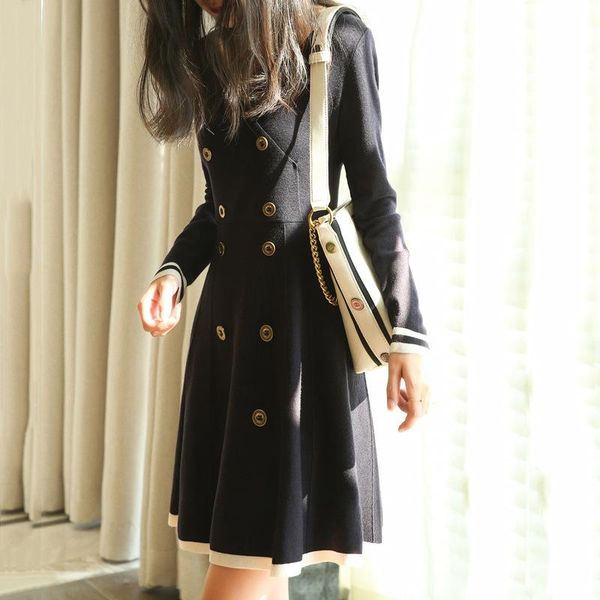 casual dresses solid dark blue knitted women dress vintage contrast color elegant a-line double breasted office lady sweater mini autumn, Black;gray
casual dresses solid dark blue knitted women dress vintage contrast color elegant a-line double breasted office lady sweater mini autumn, Black;gray