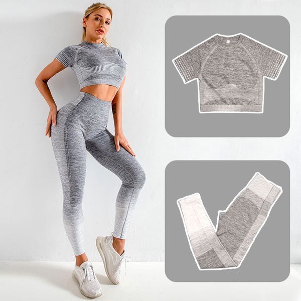 tracksuits sport suit seamless striped yoga knitted sports hip lifting elastic fitness pants short sleeve two piece set, Gray
tracksuits sport suit seamless striped yoga knitted sports hip lifting elastic fitness pants short sleeve two piece set, Gray