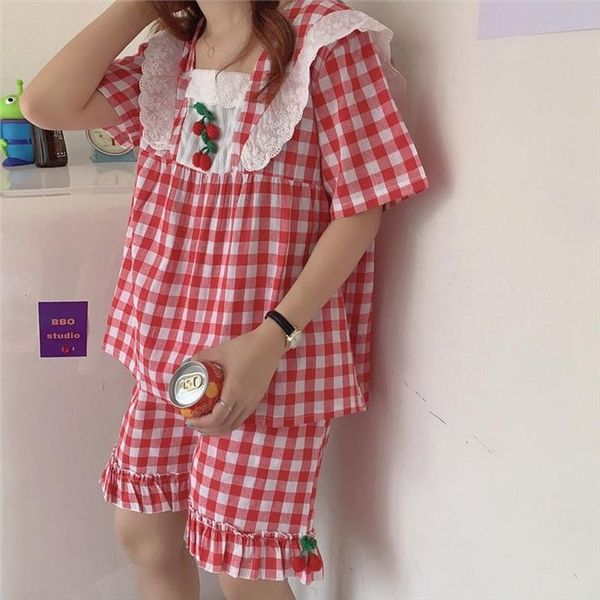 korean plaid princess style pajamas womens sleepwears summer two piece set pyjamas sweet cherry lace decoration pijamas nighty, Black;red
korean plaid princess style pajamas womens sleepwears summer two piece set pyjamas sweet cherry lace decoration pijamas nighty, Black;red