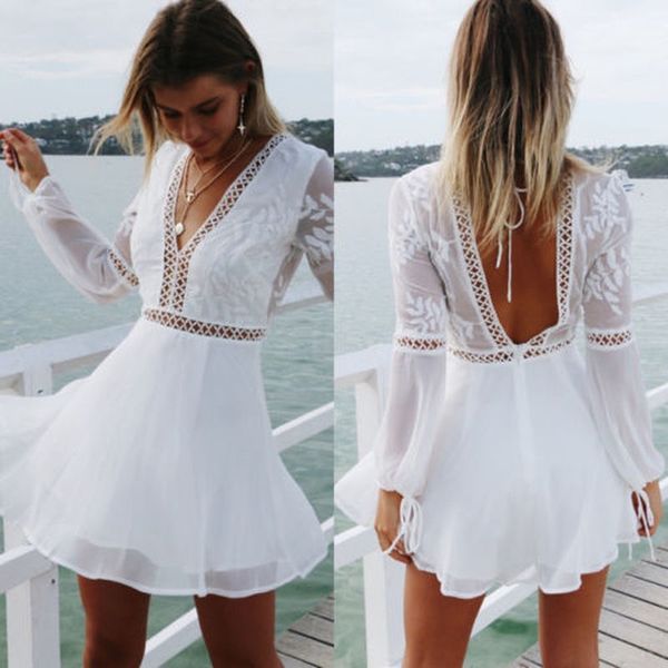 women boho v neck long sleeve backless dress pure white party summer beach mini sundress dress, Black;gray
women boho v neck long sleeve backless dress pure white party summer beach mini sundress dress, Black;gray