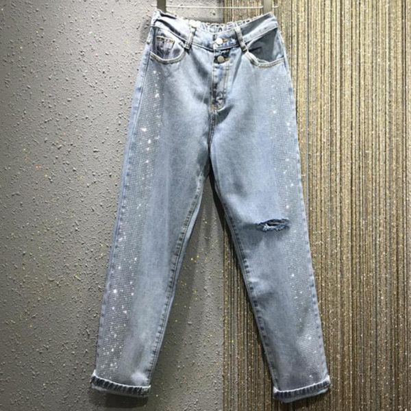 women's jeans women fashion brand korea style high waist hole fake diamond shining female casual loose ankle-length pants trousers, Blue
women's jeans women fashion brand korea style high waist hole fake diamond shining female casual loose ankle-length pants trousers, Blue