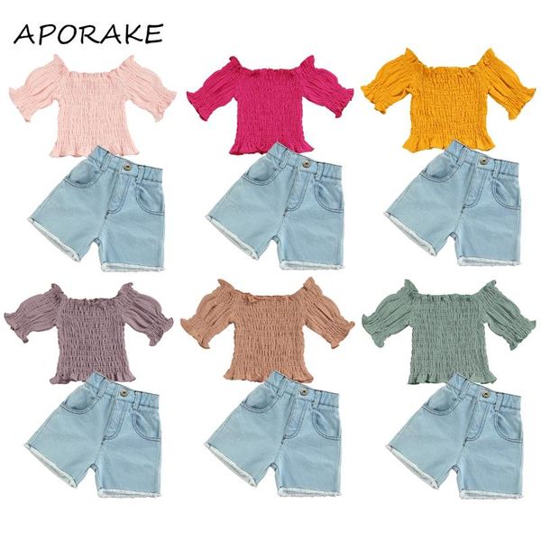 clothing sets 2021 1-6y fashion kids baby girl set solid color off shoulder pleated blouse+denim shorts summer outfits 2pcs, White
clothing sets 2021 1-6y fashion kids baby girl set solid color off shoulder pleated blouse+denim shorts summer outfits 2pcs, White