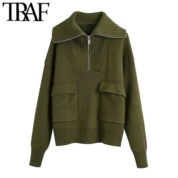 traf women fashion with pockets zip-up loose knitted sweater vintage high neck long sleeve female pullovers chic 211123, White;black
traf women fashion with pockets zip-up loose knitted sweater vintage high neck long sleeve female pullovers chic 211123, White;black