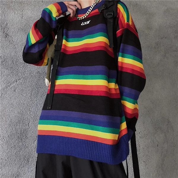 men's sweaters rainbow striped sweater contrast color dark high street men women knitwear round neck loose jacket streetwear pullover, White;black
men's sweaters rainbow striped sweater contrast color dark high street men women knitwear round neck loose jacket streetwear pullover, White;black