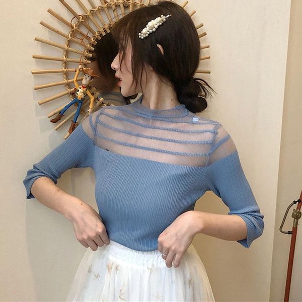 women's t-shirt women t shirt fashion knitted hollow out patchwork tees turtleneck female casual, White
women's t-shirt women t shirt fashion knitted hollow out patchwork tees turtleneck female casual, White