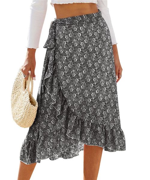 skirts bandage split flower chiffon skirt irregular for women, Black