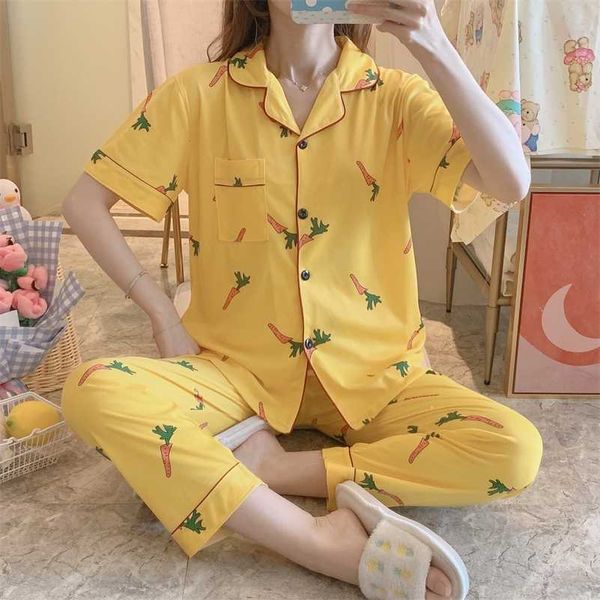 summer pajamas girls short-sleeved trousers lapel cardigan home service suit pajama set robe sets sleepwear cute pijamas women 211007, Black;red
summer pajamas girls short-sleeved trousers lapel cardigan home service suit pajama set robe sets sleepwear cute pijamas women 211007, Black;red